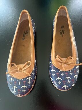 Western Chief Navy Anchor Print Ballet Flats with Tan Trim